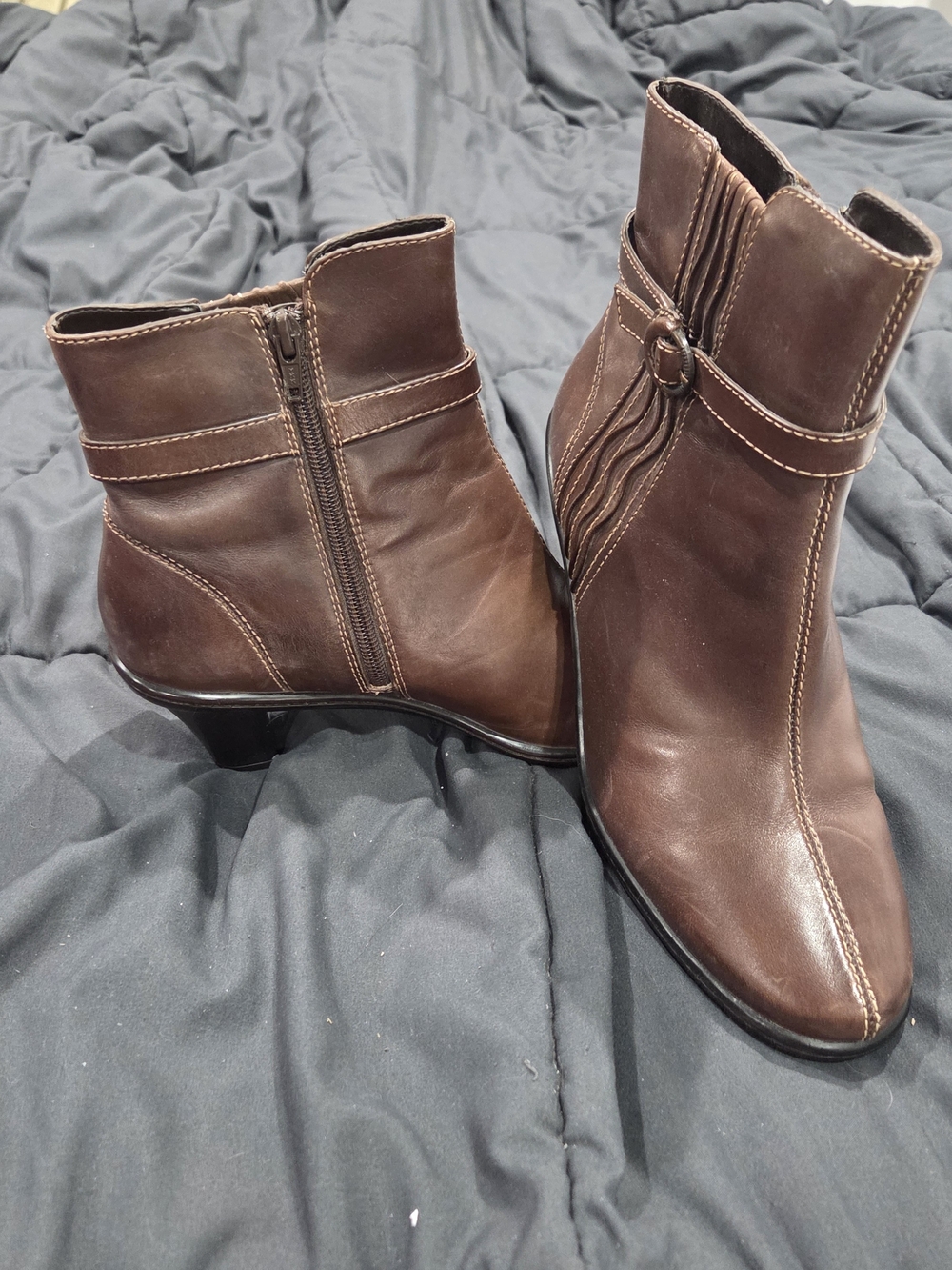 Earth Spirit Dark Brown Leather Ankle Booties with Side Zip and Strap Detail